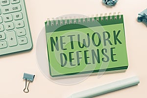 Text sign showing Network Defense. Concept meaning easures to protect and defend information from disruption