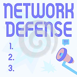 Text sign showing Network Defense. Word for easures to protect and defend information from disruption Megaphone Drawing