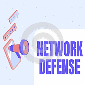 Text sign showing Network Defense. Word for easures to protect and defend information from disruption Pair Of Megaphone