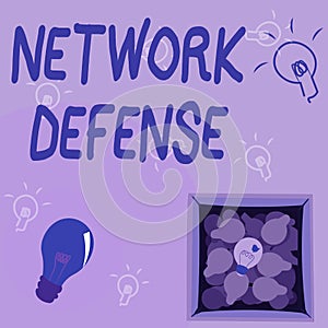Text sign showing Network Defense. Word Written on easures to protect and defend information from disruption Glowing