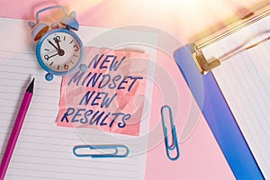 Text sign showing New Mindset New Results. Conceptual photo obstacles are opportunities to reach achievement Paper sheet note