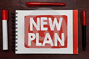 Text sign showing New Plan. Conceptual photo Start of a detailed proposal of doing or achieving something Important ideas highligh