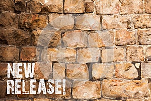 Text sign showing New Release. Conceptual photo announcing something newsworthy recent product Brick Wall art like photo