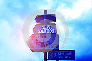 Text sign showing New Solution. Conceptual photo Modern Innovation Latest effective approach to a problem Empty street signs on