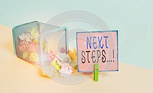 Text sign showing Next Steps. Conceptual photo something you do after you have finished doing first one Trash bin crumpled paper