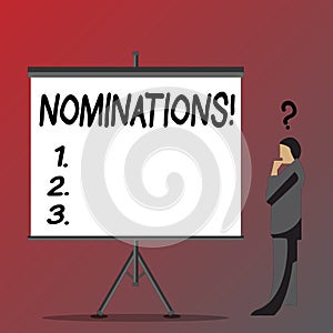 Text sign showing Nominations. Conceptual photo Suggestions of someone or something for a job position or prize