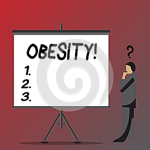Text sign showing Obesity. Conceptual photo Medical condition Excess of body fat accumulated Health problem Businessman