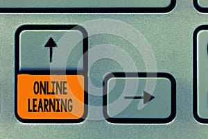 Text sign showing Online Learning. Conceptual photo Larning with the assistance of the Internet and a computer photo