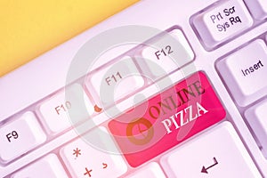 Text sign showing Online Pizza. Conceptual photo fast delivery of pizza at your doorstep Ordering food online White pc