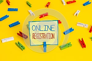 Text sign showing Online Registration. Conceptual photo System for subscribing or registering via the Internet Colored