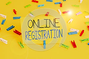 Text sign showing Online Registration. Conceptual photo System for subscribing or registering via the Internet Colored