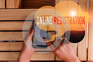 Text sign showing Online Registration. Conceptual photo System for subscribing or registering via the Internet woman computer