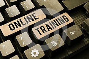 Text sign showing Online Training. Business overview Computer based training Distance or electronic learning