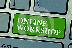 Text sign showing Online Workshop. Conceptual photo shows of goods and commodities over the electronic websites