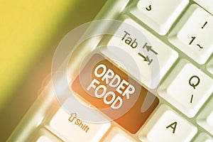 Text sign showing Order Food. Conceptual photo the process of requesting a preferred food in a restaurant White pc