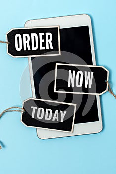 Text sign showing Order Now. Concept meaning confirmed request by one party to another to buy sell Collection of Blank