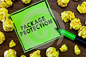 Text sign showing Package Protection. Conceptual photo Wrapping and Securing items to avoid damage Labeled Box