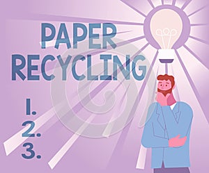 Text sign showing Paper Recycling. Business concept Using the waste papers in a new way by recycling them Illustration