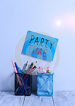 Text sign showing Party Time. Conceptual photo the right moment to celebrate and have fun in social event Blue Sticky