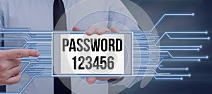Text sign showing Password 123456. Word Written on the hidden word or expression to be used to gain access to something