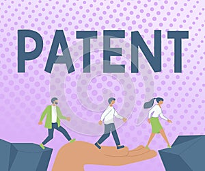 Text sign showing Patent. Word Written on intellectualproperty that gives owner legal right has the sole right photo