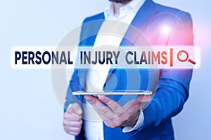 Text sign showing Personal Injury Claims. Conceptual photo being hurt or injured inside work environment Man in the blue