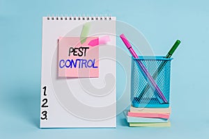 Text sign showing Pest Control. Conceptual photo management of a species that impacts adversely on human Spiral notebook sticky