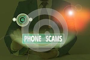 Text sign showing Phone Scams. Conceptual photo use of telecommunications for illegally acquiring money.