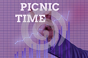 Text sign showing Picnic Time. Conceptual photo period where meal taken outdoors as part of an excursion