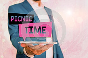 Text sign showing Picnic Time. Conceptual photo period where meal taken outdoors as part of an excursion