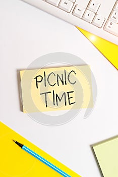 Text sign showing Picnic Time. Conceptual photo period where meal taken outdoors as part of an excursion Flat lay above