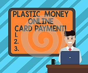 Text sign showing Plastic Money Online Card Payment. Conceptual photo Website multimedia purchasing ecommerce Blank Bordered Board