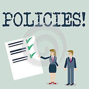 Text sign showing Policies. Conceptual photo Business Company or Government Rules Regulations Standards.