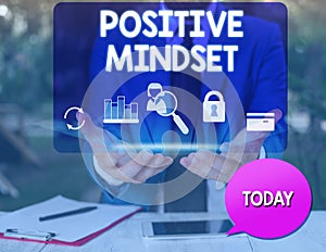 Text sign showing Positive Mindset. Conceptual photo mental attitude in wich you expect favorable results man icons