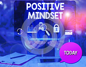 Text sign showing Positive Mindset. Conceptual photo mental attitude in wich you expect favorable results man icons