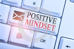 Text sign showing Positive Mindset. Conceptual photo mental attitude in wich you expect favorable results White pc