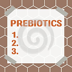 Text sign showing Prebiotics. Word for inclination or prejudice for or against one person group without reason