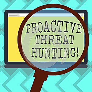 Text sign showing Proactive Threat Hunting. Conceptual photo focused and iterative approach to searching out Magnifying