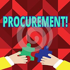 Text sign showing Procurement. Conceptual photo Obtaining Procuring Something Purchase of equipment and supplies.