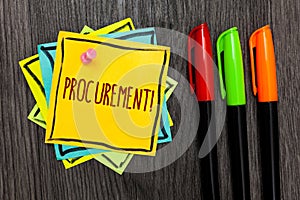 Text sign showing Procurement Motivational Call. Conceptual photo Procuring Purchase of equipment and supplies Three marker pens f