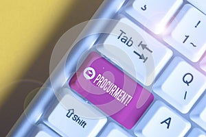 Text sign showing Procurment. Conceptual photo action of acquiring military equipment and supplies White pc keyboard