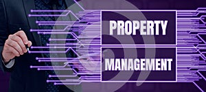 Text sign showing Property Management. Business overview Overseeing of Real Estate Preserved value of Facility