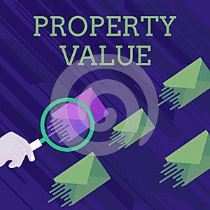 Text sign showing Property Value. Conceptual photo Worth of a land Real estate appraisal Fair market price Magnifying