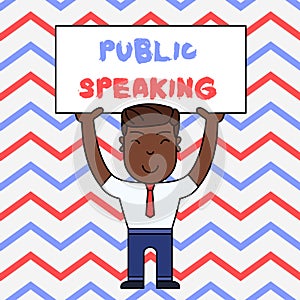 Text sign showing Public Speaking. Conceptual photo talking showing stage in subject Conference Presentation Smiling Man