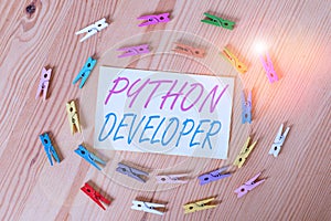 Text sign showing Python Developer. Conceptual photo responsible for writing serverside web application logic Colored