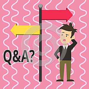 Text sign showing Q And A Question. Conceptual photo in which demonstrating asks questions and other answer them Man