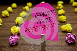 Text sign showing Quality Costs Price Profit. Conceptual photo Balance between wothiness earnings value Paperclip hold pink heart
