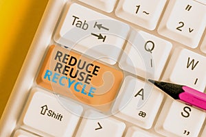 Text sign showing Reduce Reuse Recycle. Conceptual photo environmentallyresponsible consumer behavior White pc keyboard