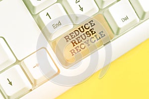 Text sign showing Reduce Reuse Recycle. Conceptual photo environmentallyresponsible consumer behavior White pc keyboard with empty
