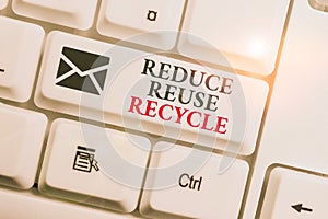 Text sign showing Reduce Reuse Recycle. Conceptual photo environmentallyresponsible consumer behavior White pc keyboard with empty